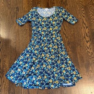 Women’s Floral Fit-and-Flare Dress in Navy and Yellow